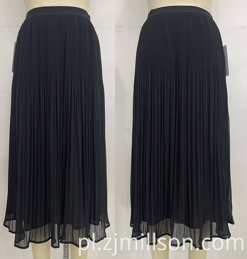 Woven Summer Black Elastic Band Pleated Skirt